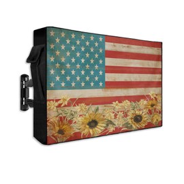 LBCASA American Flag Outdoor TV Cover 52 to 55 Inch Weatherproof, Sunflowers Farmhouse 600D Oxford TV Covers with Waterproof Zipper, USA Flag Outside Flat TV Screen Protector Size 52"W x 19"H x 4.5"D
