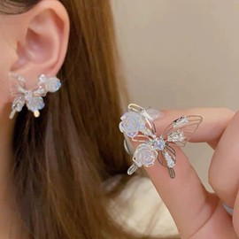 Zeshimb Silver Butterfly Studs for Women Bohemia Crystal Butterfly Flower Earrings Hollow Butterfly Resin Rose Earrings Wedding Bridal Jewelry