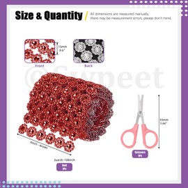 Sunflower Rhinestone Ribbon3 Y for Crafts Decorations (Red) 1 Roll 4 Inches × 3 Yards 6 Rows Red Rhinestone Ribbon with Scissors, Faux Crystal Rhinestone Flower Mesh Ribbon, Bling Diamond Wrap Trim