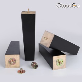 10 Inch Wood Furniture Legs, Wooden Couch Sofa Leg Feet Set of 4, Mid-Century Modern Black Square Replacement Legs for Sectional Nightstand Armchair Recliner Table Dresser Sideboard