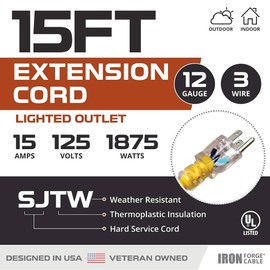 Iron Forge Cable Lighted Outdoor Extension Cord 15 ft 2 Pack - 12 Gauge 15 Amp Heavy Duty Power Extension Cords - SJTW - Great for Major Appliances, Power Tools, Garden Supplies - Yellow