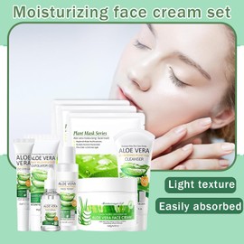 Set De 9 Productos De Aloe Vera Para El Cuidado De La Piel Con Limpiador Facial Hidratante, Tónico, Sérum Facial, Crema Facial, Contorno De Ojos, Gel De Aloe Vera Y 3 Mascarillas Faciales