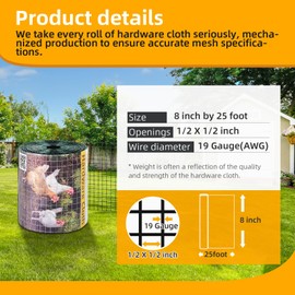 AggFencer 8in x 25ft Green Hardware Cloth 1/2 inch 19Ga PVC Coated Wire Mesh Vinyl Coated Fence, Welded Metal Chicken Wire Fencing Roll, Garden Plant Fencing, for Chicken Coop and Home Improvement