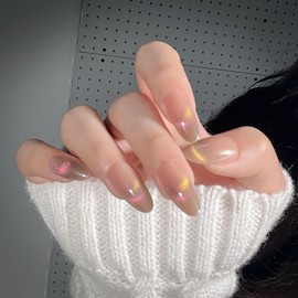 evpct Nude Brown Holographic Cat eye Press on Nails Almond Medium, Glossy Cat Eye Press on Fake Nails Reusable Glitter Stick on Nails for Women Gift, Soft Gel False Nail Supremely Fit Full Cover 30Pcs