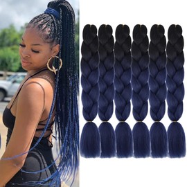Jumbo Box Braiding Hair Extensions 24 Inch Black to Dark Blue High Temperature Synthetic Fiber 6 pcs Ombre Colored Braiding Hair Twist Crochet Braids for Black Women(24",B20)