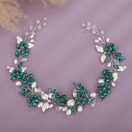 Teyglen Flower Bride Wedding Hair Vine Silver Leaf Rhinestone Headpiece Bridal Long Crystal and Pearl Headband Handmade Hair Piece Hair Accessories for Women Girls (Green)