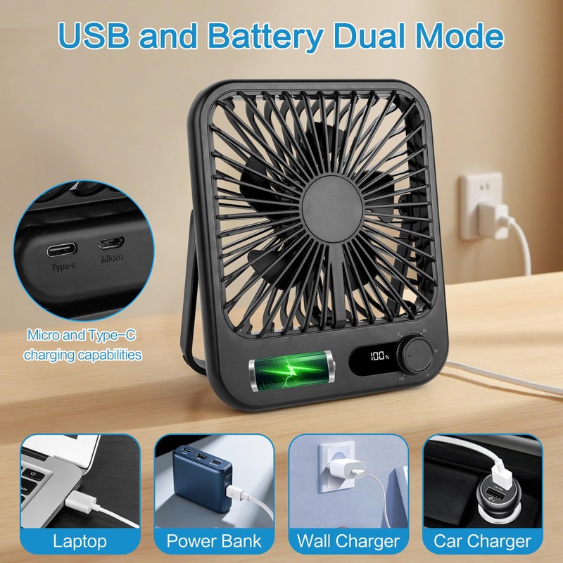 100-Speed Ultra-Quiet Desk Fan for Sleeping, 6.8" Rechargeable Portable Fan
