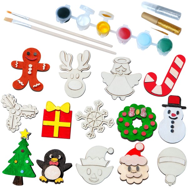 JOYIN 14 PCS Christmas Wood Magnets Arts & Crafts Painting Kit for Kids Paint Gift, Paint Your Own, Birthday Parties and Family Crafts, Holiday Stuffers, Christmas Creative Art Supplies