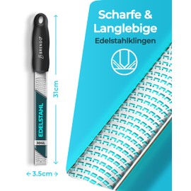 Brendo Premium Käsereibe Schwarz I scharfe Edelstahlklinge I Knoblauchreibe, Muskatnuss Reibe, Zitronenreibe, Ingwerreibe, Parmesanreibe I Fingerschutz, Schutzhülle & Reinigungsbürste
