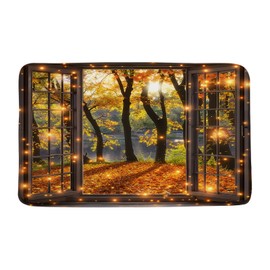 Fall Window Bath Mat Autumn Maple Leaves Forest Bathroom Mat Rug Memory Foam Doormat，17.8x29.5 Inch