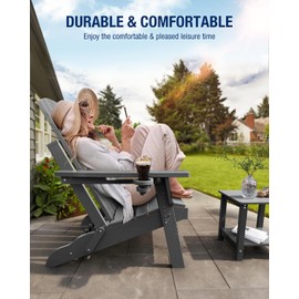 POWERWOOD Folding Adirondack Chair Wood Texture, Weather Resistant|Higher Back Plastic Adirondack Chairs with Cup Holder, HDPE Outdoor Chair for Patio, Porch, Deck, Garden, Fire Pit Chairs(Grey)