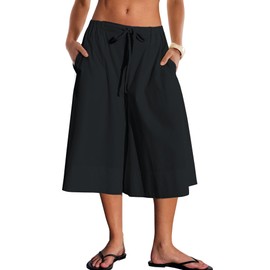 Panadila Womens Summer Wide Leg Capri Pants Flowy Beach Shorts Lounge Bottoms with Pockets for Vacation Yoga (Black,M)