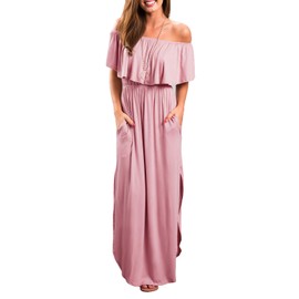 Womens Off The Shoulder Ruffle Party Dresses Side Split Beach Maxi Dress Pink XS