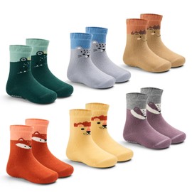 Lollisy Toddler Baby Boys Girls Socks Toddler Crew Cotton Grip Socks Non Slip Bottom Socks for Kids 6 Pack Cute Animals 2T-4T