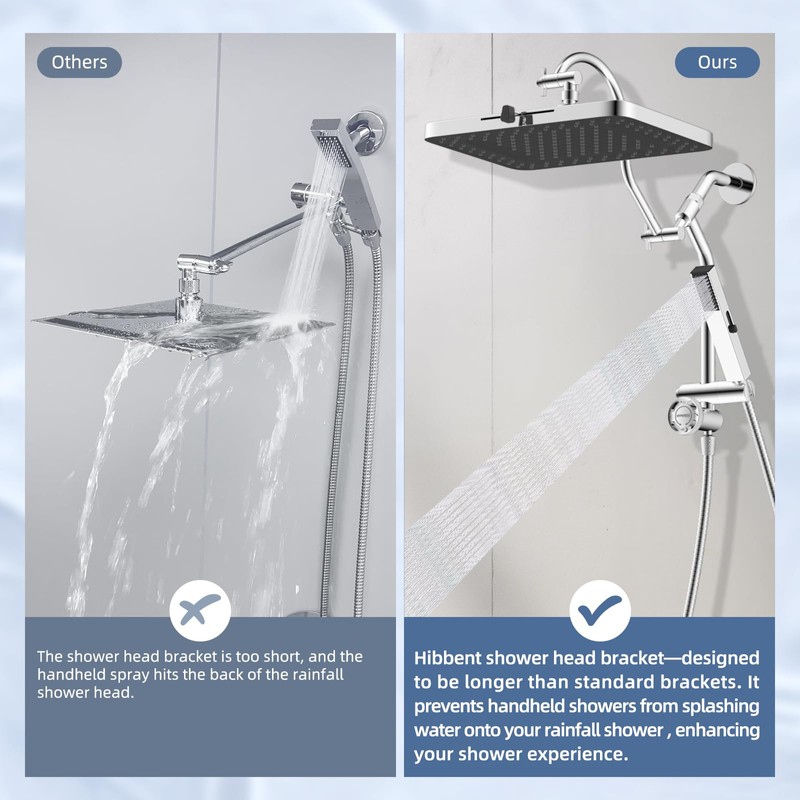 Hibbent Upgraded 13'' Shower Head Combo, High Pressure 5-spray Rainfall