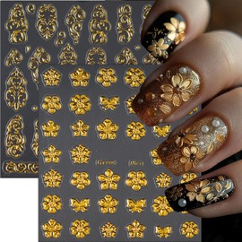 5D Gold Nail Stickers Embossed Bronzing Butterfly Flower Nails Decals Self Adhesive Retro Totem Floral Nails Design Sticker Fall Nail Art Stickers Decor for Women Acrylic Manicure Accessories 2Pcs