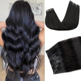 Seamless Clip In Hair Extensions Real Human Hair,Remy Clip in Hair Extension with Invisible PU Skin Weft 14 Inch 80g 7pcs Natural Black Straight Remy Black Hair Extensions for Women