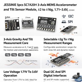JESSINIE 5pcs SC7A20H 3‑Axis MEMS Accelerometer and Tilt Sensor Module, ±2 to ±16 g, 1.71–3.6 V, I2C SPI