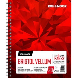 Koh-I-Noor Bristol Vellum Bright White Paper Pad with In and Out Pages, 270 GSM, 9 x 12", Side Wire-Bound, 20 Sheets per Pad (26170401013)