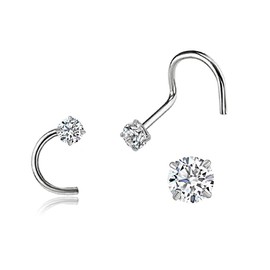DENI 2 Nose Studs with Large Stone 2.5 mm Cubic Zirconia with Stunning Shine, Curved Stem, Thickness 0.8 mm, Hypoallergenic, 6 mm Largo, Silver, No Gemstone, Silver, No Gemstone