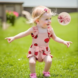 Kaipiclos Cherry Baby Outfit Newborn Infant Girl Clothes Rib Knit Romper & Shorts Waffled Baby Clothes for Girls 0 3 6 12 18M (Strawberry Pink, 6-12 Months)