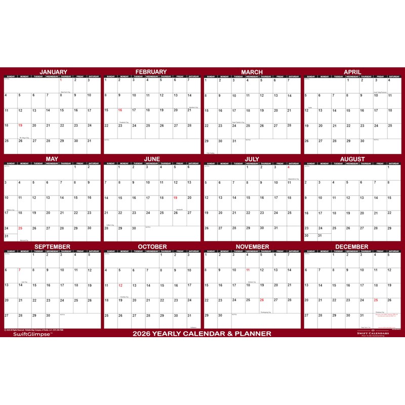 24" x 36" SwiftGlimpse 2026 Wall Calendar Erasable Large Wet