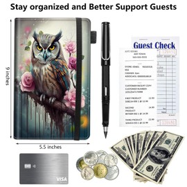 Server Book,Waitress Book,Waiter Book Server Organizer with Zipper Pocket,Leather Waitress & Waitstaff Book Wallet with Card Slot Guest Check Holder 9 x 5 Inch Server Book,Cute Owl Roses Flower