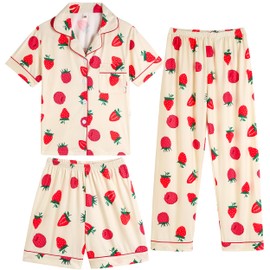 Vopmocld Girls Pajama Sets - 3pcs Button Down Short Sleeve Long Pants With Shorts Sleepwear Cute Patterns Nighty For Teens, Strawberry-Raspberry, 12