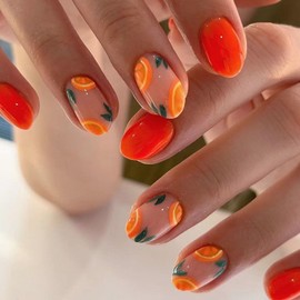 Summer Press on Nails Short Oval Fake Nails with Fruit Designs Cute Nails Press ons Glossy Glue on Nails Orange False Nails Full Cover Acrylic Nails Artificial Stick on Nails for Women 24Pcs
