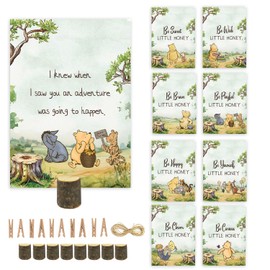 8Pcs Winnie Quotes Party Cards with Wooden Stands, Classic Pooh Baby Shower Decor, Winnie Baby Shower Centerpieces, Double Side Winnie Party Game Cards, Birthday Party Supplies, Nursery Decor Prints