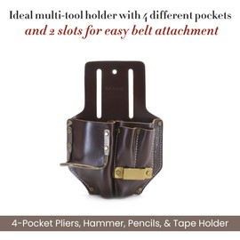 Style N Craft 4 Pocket Pliers, Hammer, Pencils & Tape Holder, Full-Grain Leather Tool Pouch, Multi Tool Holder, Dark Tan (#98017)