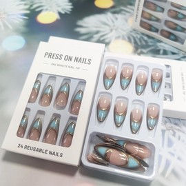 Gold 3D French Tips Press on Nails Blue Gradient False Nails 3D Gold Curve Line Gel Glue on Nails Medium Almond Glossy Ombre Acrylic Fake Nails French Stick on Nail for Coquette Women Girls 24Pcs