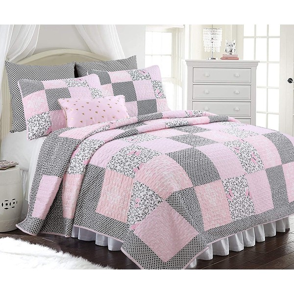 Cozy Line Home Fashions 100% Cotton Real Patchwork Floral Butterfly Shabby Chic Girly Reversible Quilt Bedding Set, Coverlet Bedspread (Black Pink, King - 3 Piece)