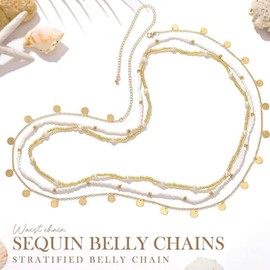 Layered Sequins Waist Belly Chains Gold Beaded Waist Chain 3 Pcs Pearl Body Chains for Women