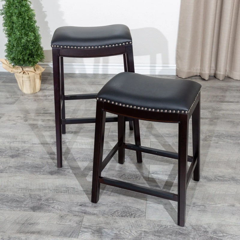 Bar Stool 24 Inch Espresso Finish Black Leather Seat Wood