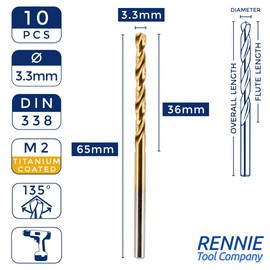 Box of 10 x 3.3mm HSS M2 Fully Ground Jobber Drill Bit Tin Titanium Nitride Coated DIN338 Standard (3.3mm x 65mm)