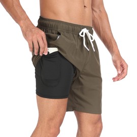 Houselog Mens Swim Trunks with Compression Liner 2 in 1 Swimming Shorts Stretch Trunks Quick Dry Beach Shorts Bathing Suit (CA/US, Alpha, Medium, Regular, Regular, Army Green)