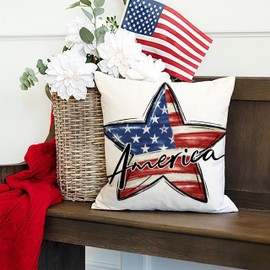DFXSZ 4th of July Pillow Covers 18 x18 inch Set of 4 Independence Day Decorative Vases American Flag StarsThrow Pillow Cover Cushion Cases for Home Couch Chair Living Room 200