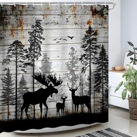 LSDTLS Rustic Moose Shower Curtain Cabin Forest Deer Country Hunting Wild Animal Vintage Wooden Board Camping Fabric Bathroom Decor Curtain Sets with Hooks (70" Wx70 H)