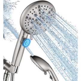 Cobbe High Pressure Shower Head with Built-in Pause Button, 9-Function Detachable Showerhead with Handheld Brass Swivel Bracket & Stainless Steel Hose, Water Saving 1-Click Stop, Brushed Nickel