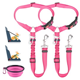 SlowTon Dog Car Seat Belt, 2 Pack Headrest Restraint Seatbelt with Bowl, Adjustable Pet Safety Leads with Reflective Elastic for Dog Travel Daily Use (Fluorescent Pink, 2 Headrest + Clip + 1 Bowl)