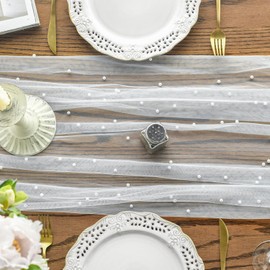 Artoid Mode Pearl Gauze Table Runner 120 Inch 10FT, Seasonal Sheer Chiffon Cheesecloth Dining Holiday Birthday Table Decor for Home Party