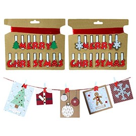 1x Christmas Card Holder, 'Merry Christmas' Design, Peg Holder with Ribbon for Hanging