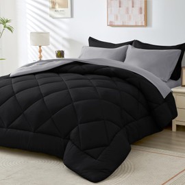 HEVUMYI 5 Pieces Twin Comforter Set, All Seasons Bed in a Bag Twin, Down Alternative Bedding Sets with Twin Size Comforter, Flat Sheet, Fitted Sheet, Pillowcase & Pillow Sham, Black & Light Grey