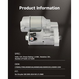 OCPTY Starter Fit for Chrysler 300 2005-2014, for Chrysler 300 2005, for Dodge Challenger 2009-2019, for Dodge Charger 2006, for Dodge Charger 2007-2016 Replace 17896
