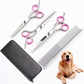 MGOXO Trimming Scissors Dog Grooming Scissors Kit Professional Trimming Scissor Safety Round Tip Stainless Steel Pneumatic Straight Scissors Curved Scissors Long Short Hair Comb For Beginners