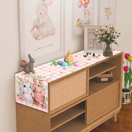 Easter Bunny Table Runner, Pink Buffalo Plaid Rabbit Floral Linen Table Runner, Colorful Happy Easter Table Runner, Seasonal Spring Holiday Kitchen Home Party Dining Table Decoration, 14" x 72"