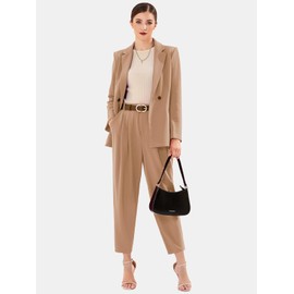 EXLURA Women's Business Blazer and High Elastic Waist Pant Suit Set Loose Fit Casual Fall Winter 2 Piece Suits for Work Brown