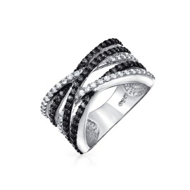 Crossover Statement Criss Cross Two Tone Black White Pave AAA CZ Statement Band Ring for Women Sliver Plated Brass