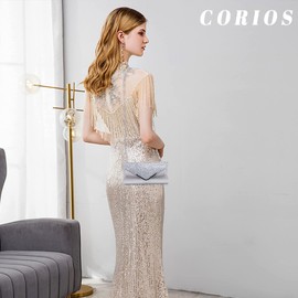 CORIOS Women's Clutch Bag Envelope Evening Bag Sequin Handbag Glitter Wedding Bridal Purse Shiny Shoulder Bag Elegant Shoulder Bag for Wedding Prom Banquet Party, silver, Shiny